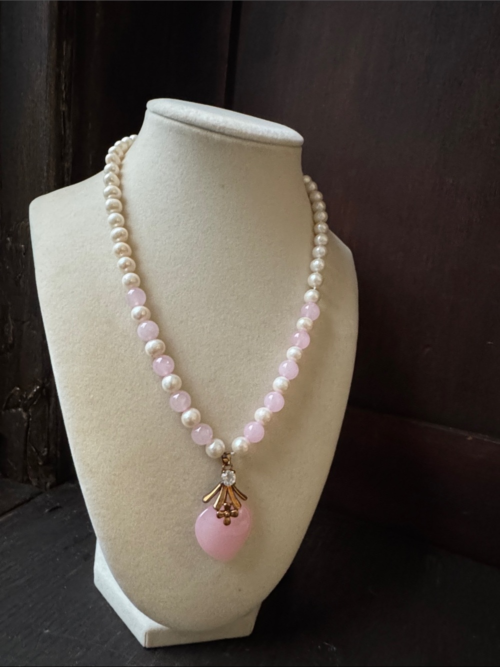 Freshwater Pearl Rose Quartz Heart Pendant Necklace Handmade Romantic Boho Gif